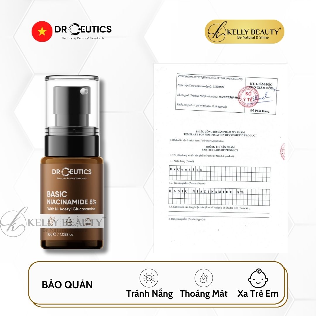 Serum Vitamin B3 8% DrCeutics - Làm Sáng Da, Cân Bằng Dầu &amp; Se Lỗ Chân Lông - Niacinamide 8% + NAG + Kẽm PCA