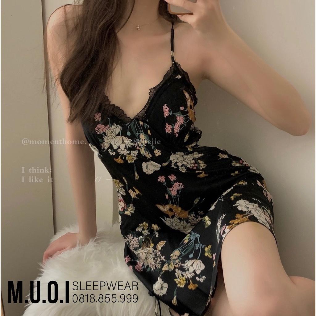 Váy ngủ lụa hoa ban xẻ đùi sexy kèm mút ngực 2021️️Đầm mặc nhà gợi cảm QUẢNG CHÂU Muối store V59( video- ảnh)