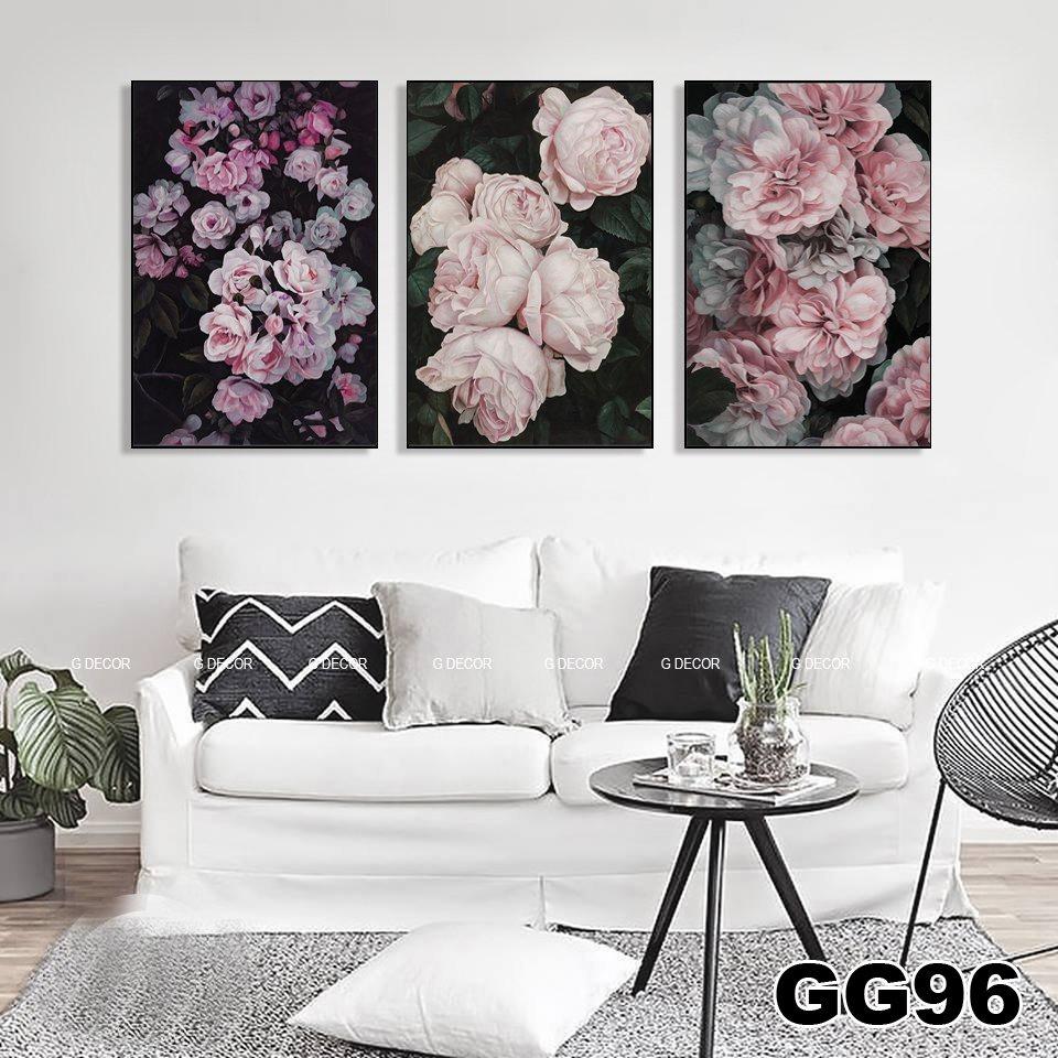 Tranh treo tường canvas khung gỗ 3 bức phong cách hiện đại Bắc Âu tranh hoa mẫu đơn trang trí phòng khách phòng ngủ 32