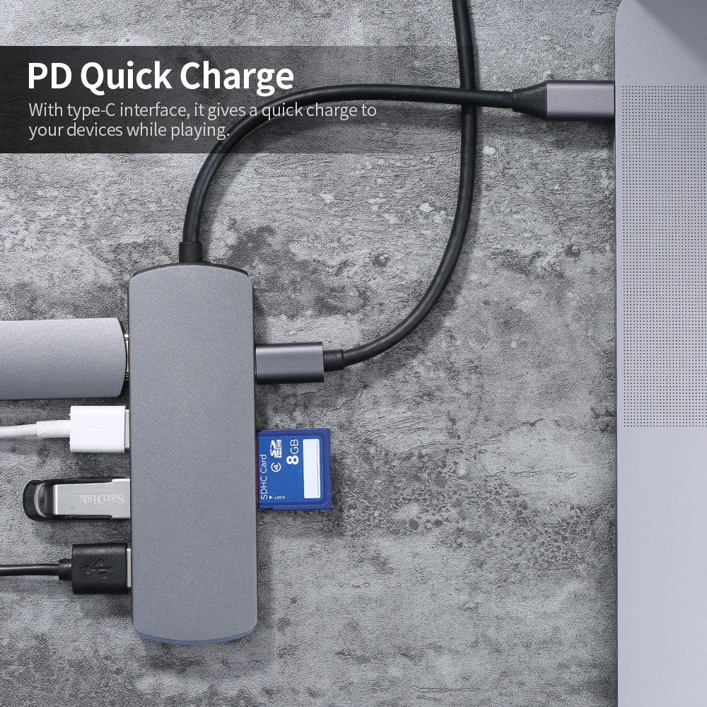 Bộ chuyển đổi Type-C 8 trong 1 Hub Type-C sang HD 4K@30Hz/USB3.0/87W PD Quick Charge / Đầu đọc thẻ TF & SD / Chức năng OTG / Âm thanh 3,5 mm