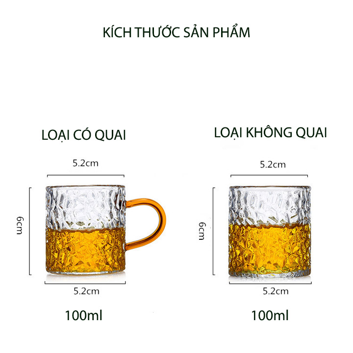 Tách ly uống trà cà phê 100ml bằng thủy tinh sần chịu nhiệt, loại có quai hoặc không tùy chọn