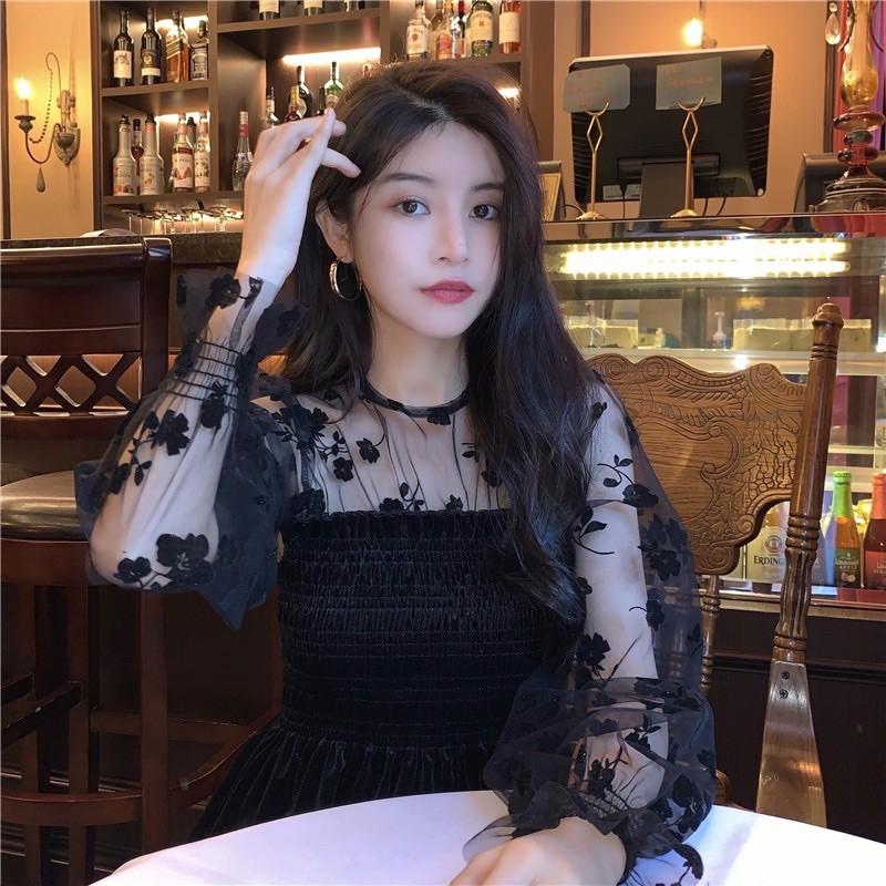 Áo pelum đuôi cá nhung mix sơmi voan hoa
