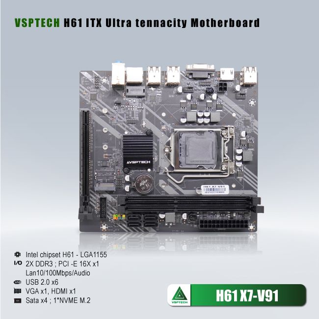 Main VSP H61 X7-V91 (Socket 1155, HDMI+VGA DDR3, Micro-ATX) - Hàng chính hãng VSP phân phối