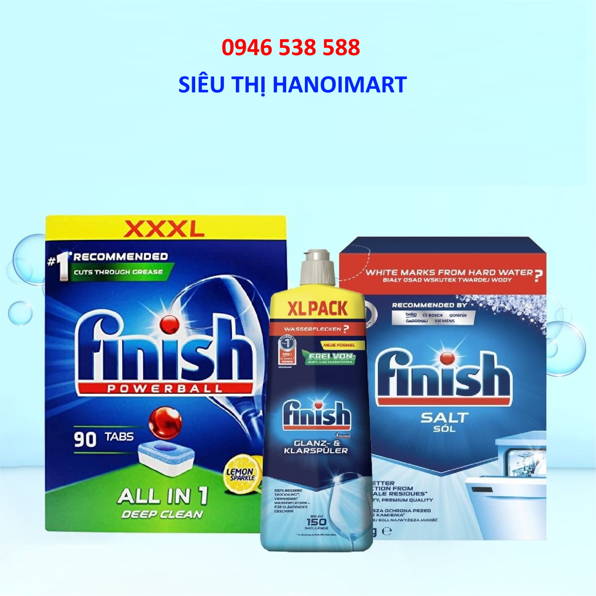 Combo 90 Viên rửa bát Finish All in 1 + Muối Finish 1,5kg + Nước làm bóng Finish 750ml HANOIMART