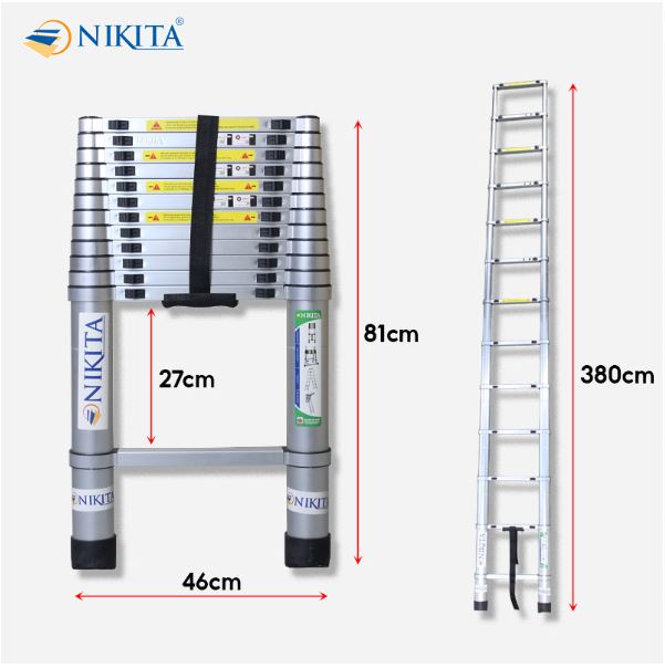 Thang rút đơn đai nhôm bền bỉ, ống thang dày chắc, chân thang chống trượt, chính hãng Nikita