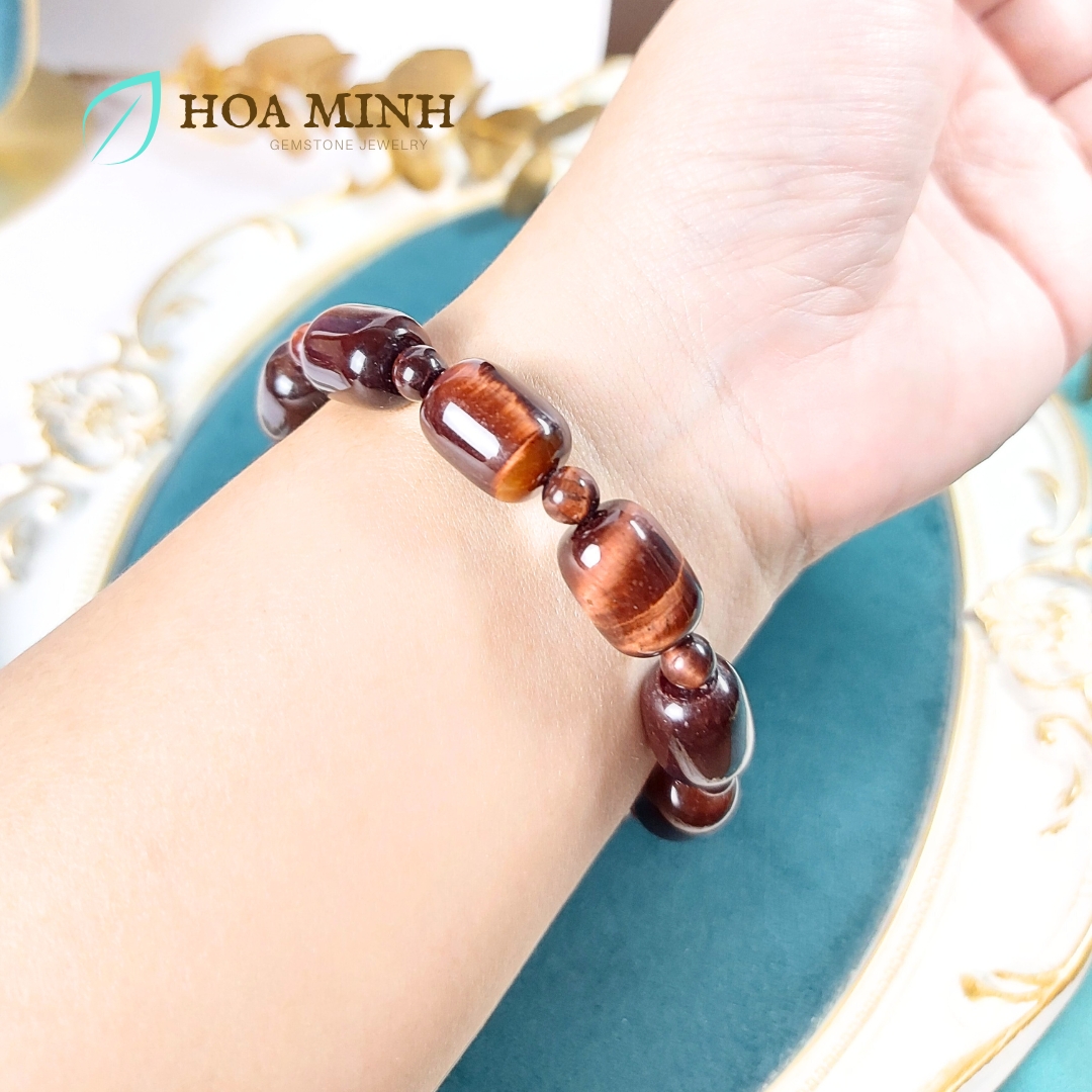 Vòng tay đá Mắt Hổ tự nhiên đỏ nâu kiểu lu thống size 12x16mm phối xen kẽ viên tròn hợp mệnh Hỏa Thổ