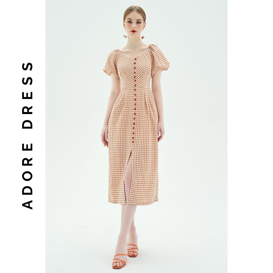 Đầm Midi dresses casual style thô karo cam Khuy bọc 311DR2038  ADORE DRESS