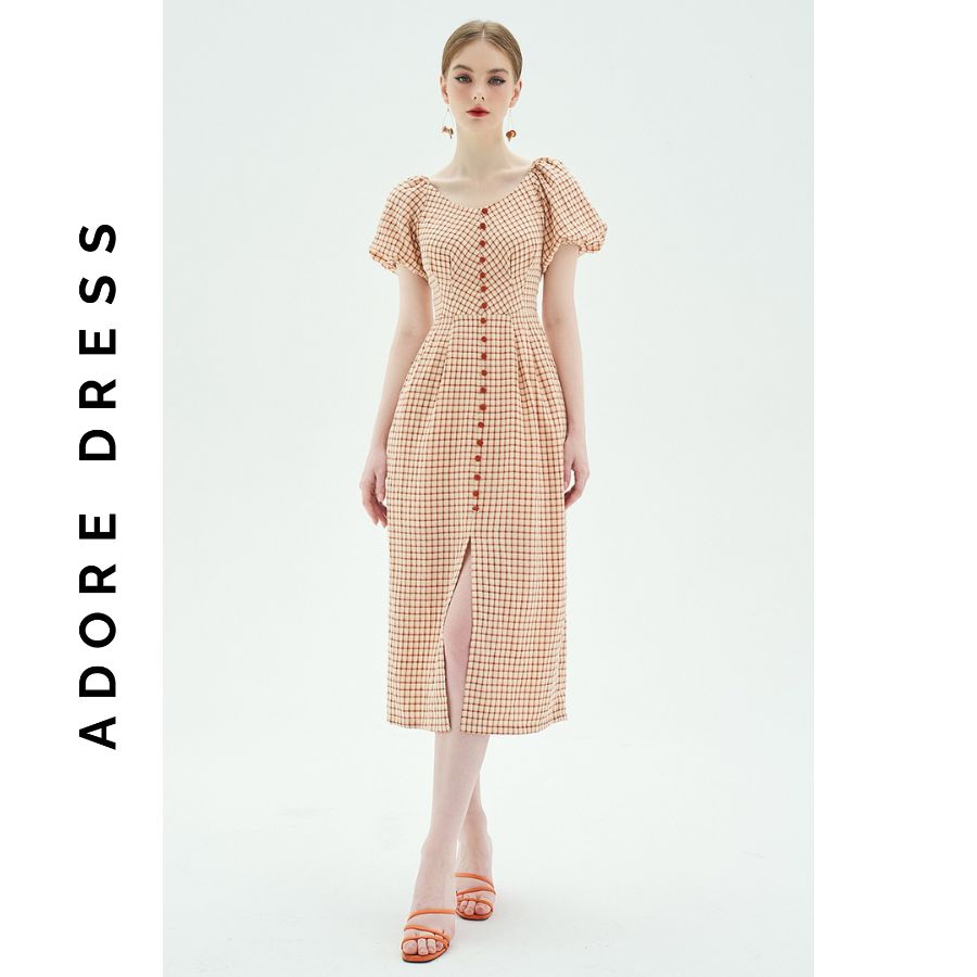 Đầm Midi dresses casual style thô karo cam Khuy bọc 311DR2038  ADORE DRESS