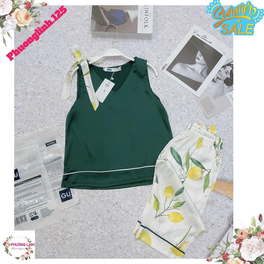 SET LỤA ÁO XANH NƠ VAI QUẦN HOA