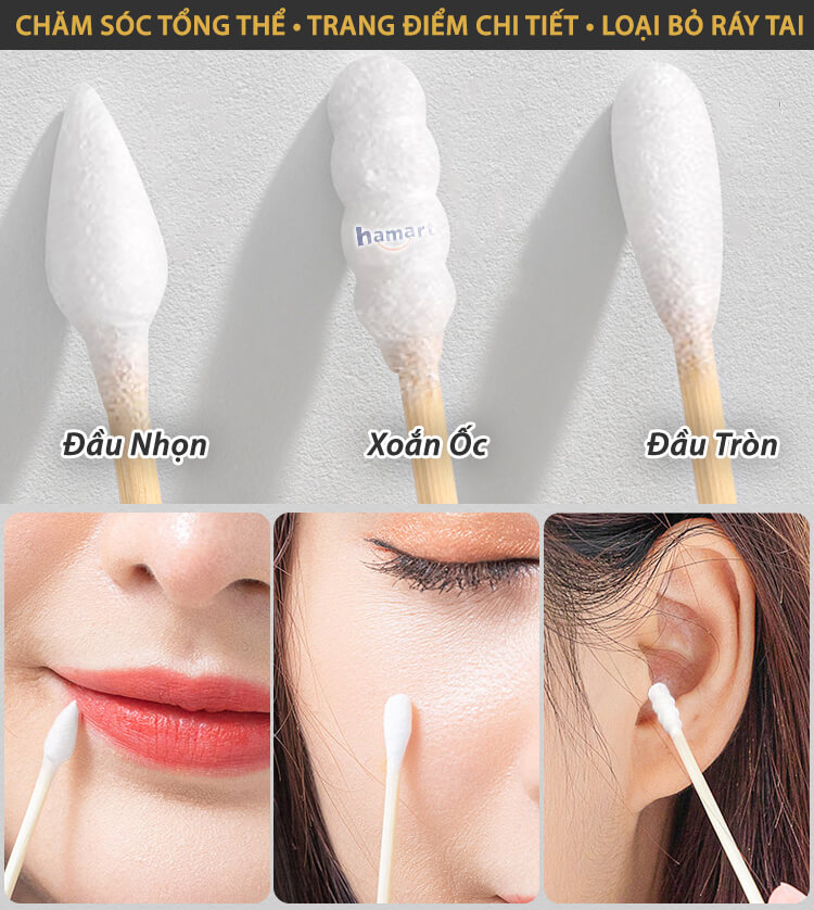 Gói 100 Tăm Bông Ngoáy Tai Thân Gỗ Tre 2 Đầu Tròn Vệ Sinh Tai Tiện Lợi