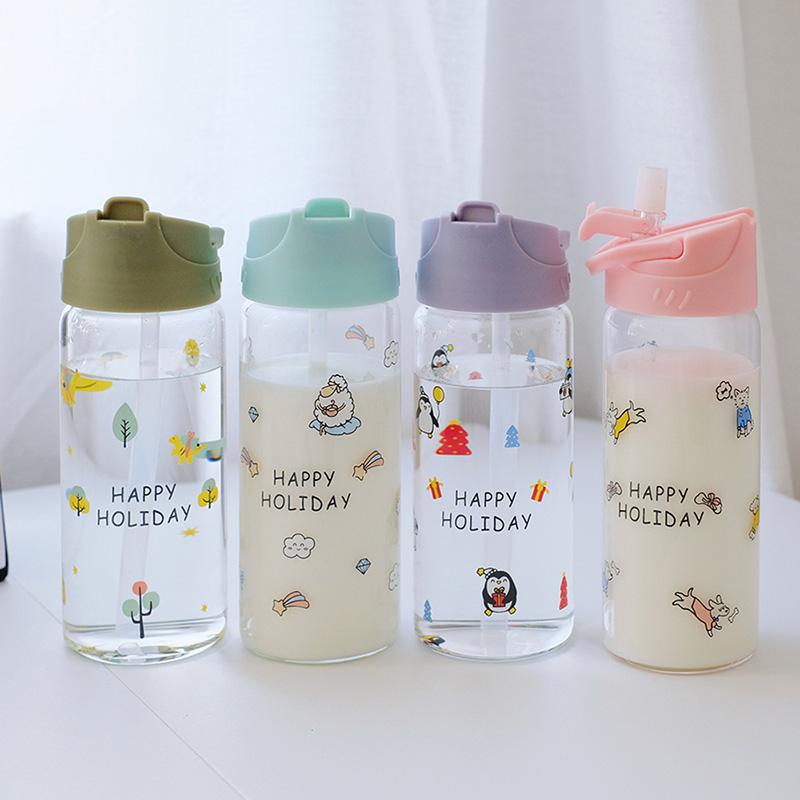 350 Ml Dễ Thương Bình Nước Thủy Tinh Đựng Dành Cho Trẻ Em Kids Sữa Có Ống Hút Và Lật Nắp Cô Gái Rò Rỉ Chống Du Lịch uống Không Chứa BPA Cup