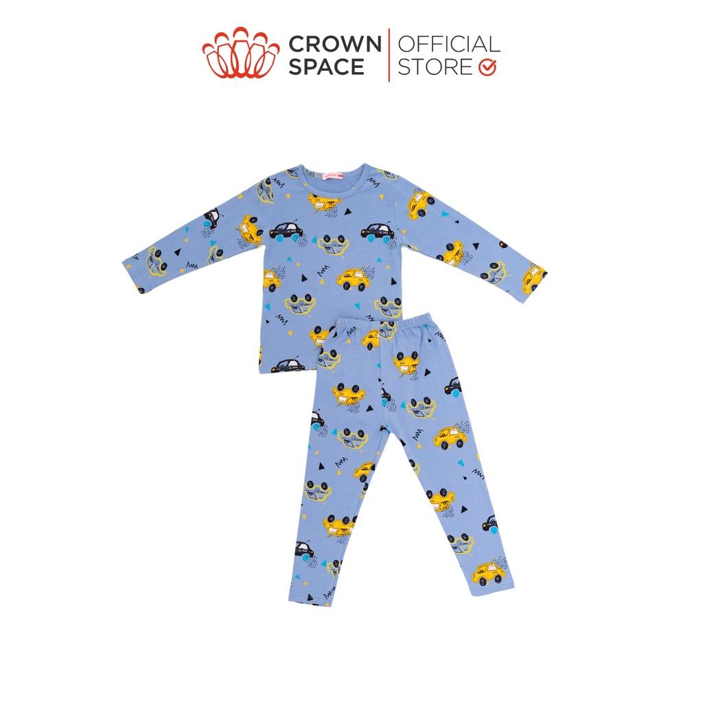 Bộ Mặc Nhà Dài Tay Bé Trai Crown Space Cao Cấp Xanh Pastel - Cotton Thoáng Mát Hình Khủng Long CKBL5911709 Size 19-27Kg