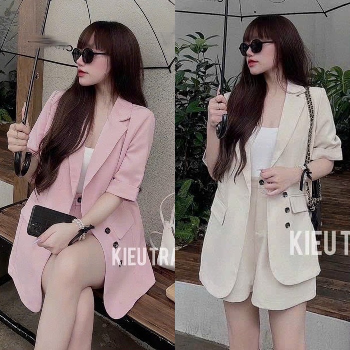 ÁO KHOÁC BLAZER / VEST NỮ PASTEL TAY LỬNG RỘNG SUÔNG TRƠN + QUẦN NGẮN GIẢ VÁY LƯNG CAO ỐNG RỘNG SHORTS + ÁO DÂY CROPTOP ĐI TIỆC ĐI LÀM CÔNG SỞ ĐI CHƠI DẠO PHỐ
