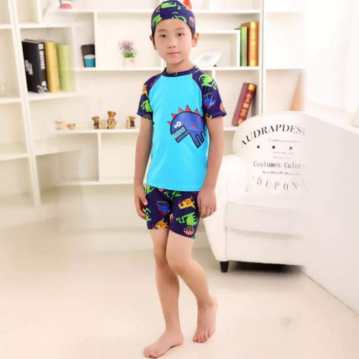 Bộ Đồ Bơi Khủng Long Xanh Dành Cho Bé Trai CaoTừ 85cm - 125cm chất vải Polyeste thân thiện với trẻ em - Tặng kèm nón bơi vải cùng màu - Xanh  - XL