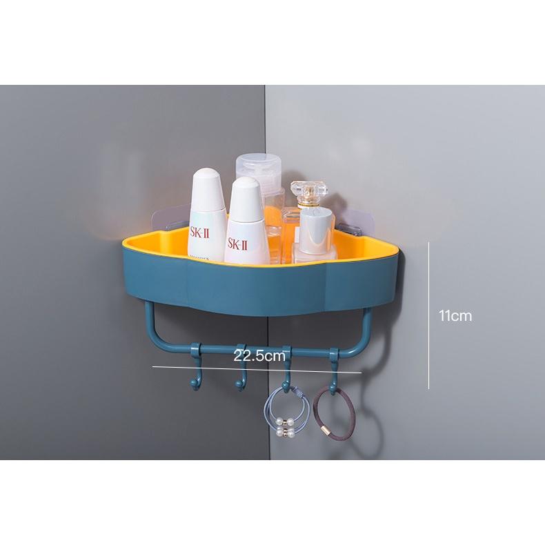 KỆ GÓC TAM GIÁC ĐỰNG ĐỒ NHÀ TẮM NHÀ BẾP KÈM 4 MÓC TREO CÓ LỖ THOÁT NƯỚC TIỆN DỤNG