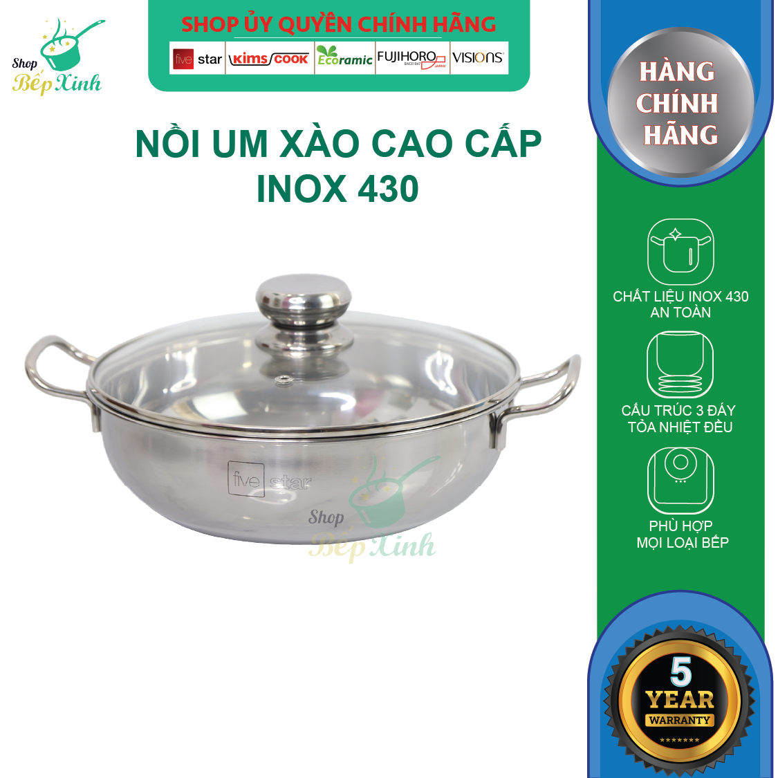 Nồi lẩu um xào 3 đáy inox 430 Fivestar bếp từ nắp kính tặng 5 muỗng ăn inox ( 24cm / 26cm / 28cm )