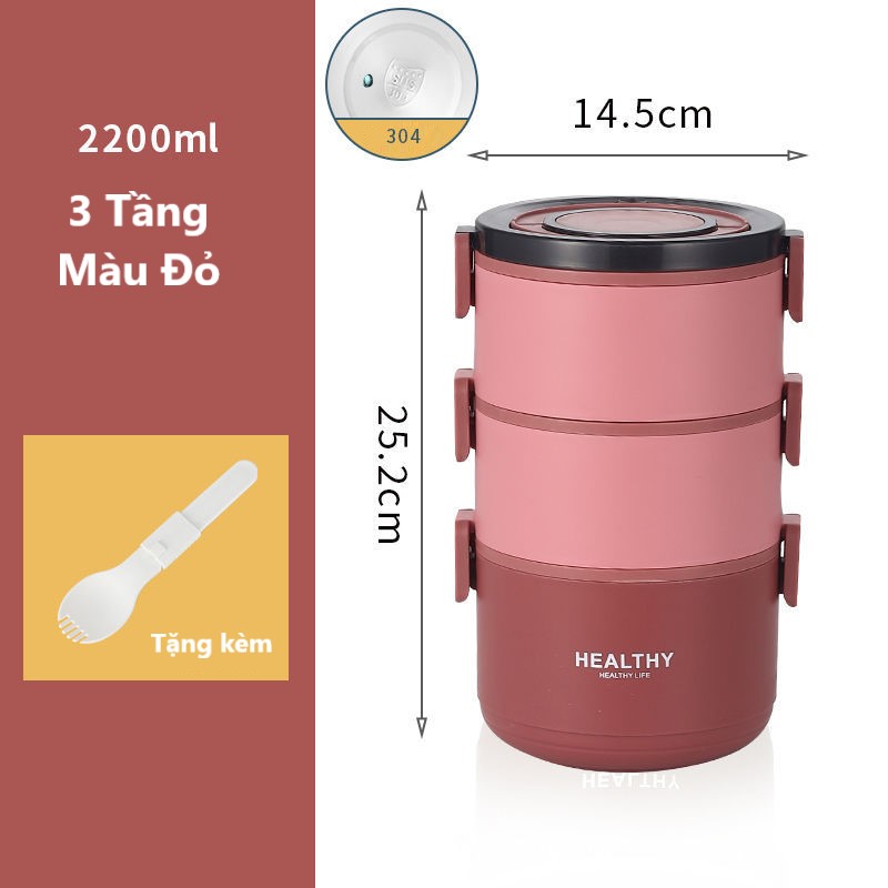 Cà Mèn 3 Tầng Giữ Nhiệt Lõi Inox 304 Cao Cấp Có Thể Tách Rời HEALTHY - Hàng Chính Hãng