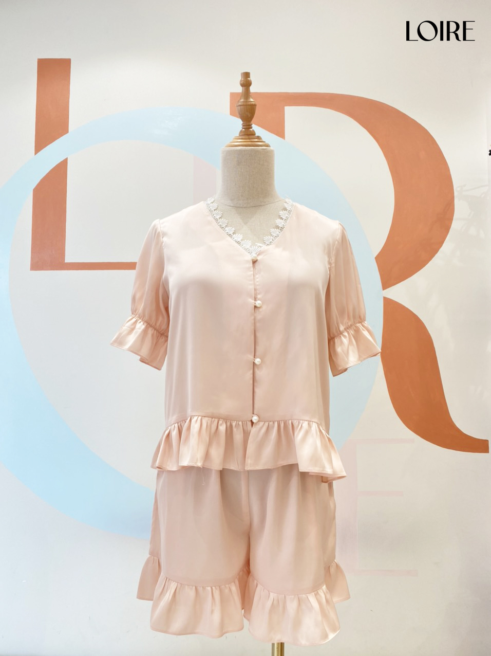 Bộ Pijama Cộc Cổ Đính Ren Có Nhún Bèo PCC03
