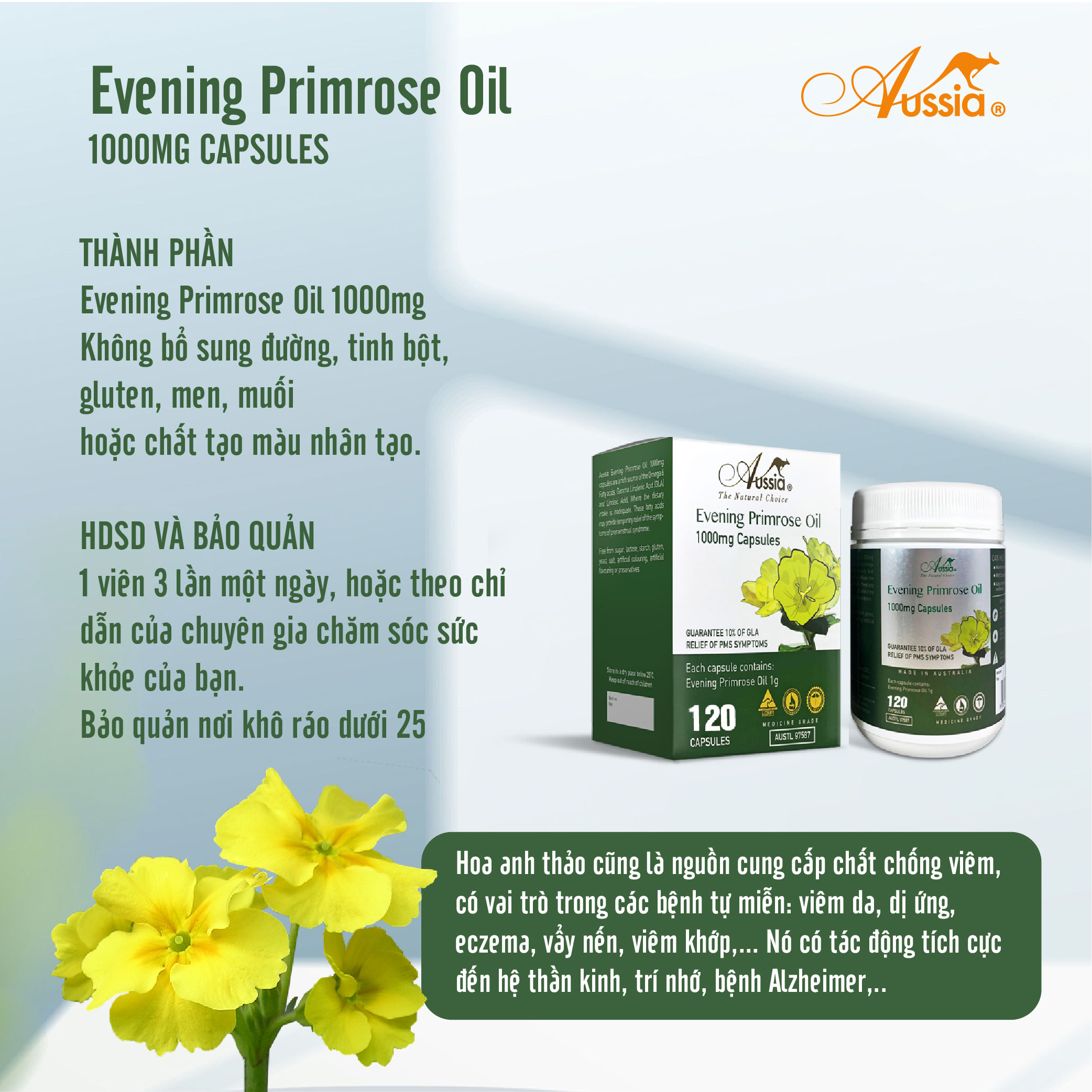 Tinh dầu hoa anh thảo Evening Primrose Oil 1000mg Aussia 120 viên giúp đẹp da, cân bằng nội tiết tố