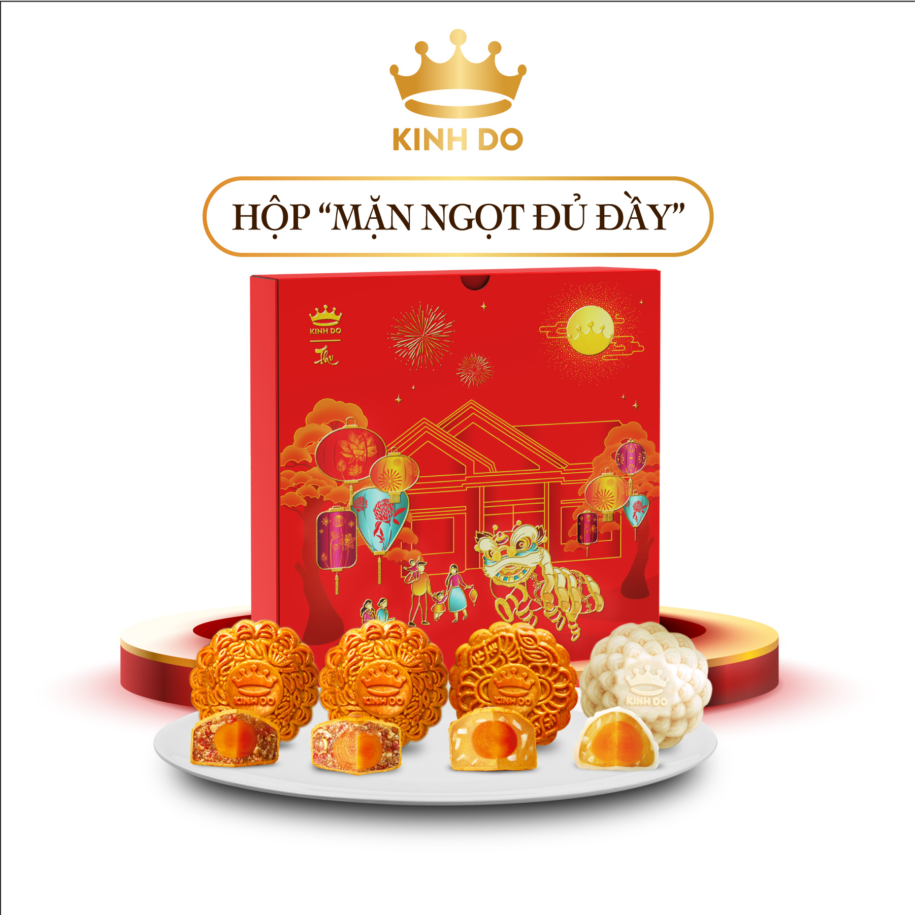 Tặng lồng đèn giấy - Hộp 4 bánh trung thu Kinh Đô &quot;Mặn Ngọt Đủ Đầy&quot; (4 bánh x 210g)