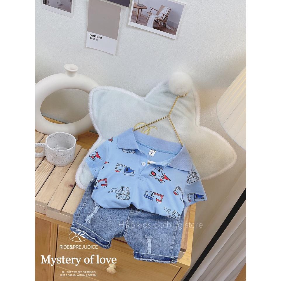 Bộ cộc tay bé trai, bộ áo cổ bẻ cotton quần jean chô bé 10-20kg