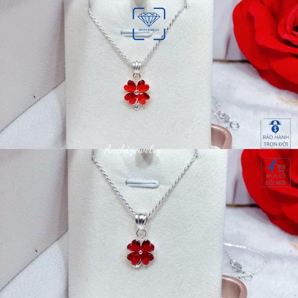 Dây chuyền cỏ 4 lá đính đá nữ bạc thật đeo không đen dây to đá đỏ xanh tím to - Anchi jewelry, quà 8 3