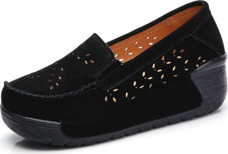 Korean Thick Bottom Hollow Loafer For Lady'S Suede Matte Flat Soft Boat Shoes