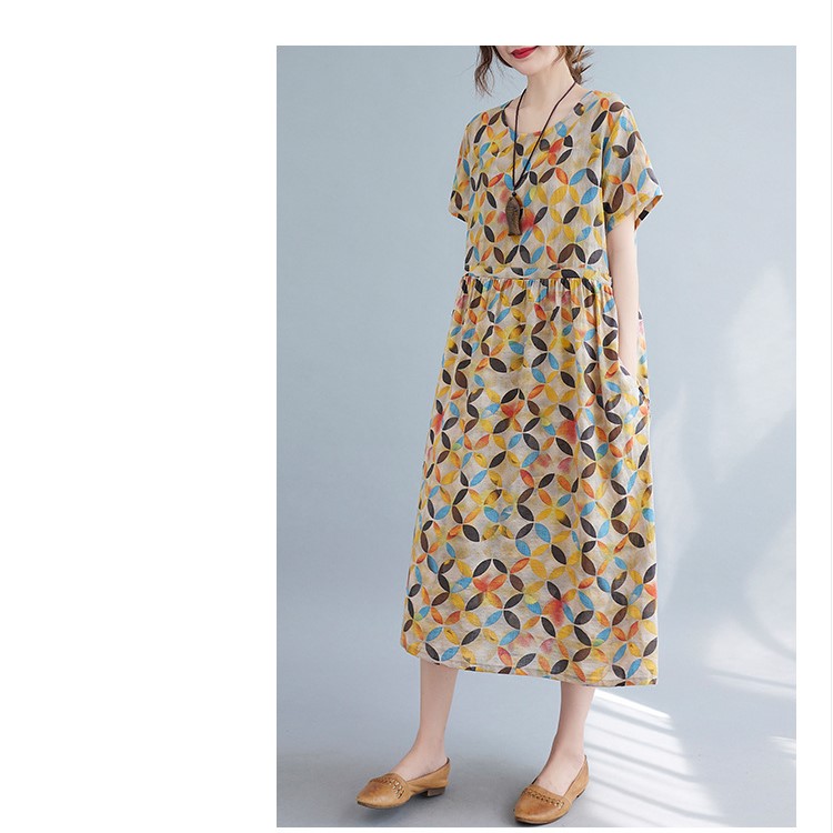 Váy Hoa Nhí Vintage Dáng dài, Đầm tay ngắn cổ tròn Hoạ tiết Hoa Nhí kèm dây rút eo cho nàng xinh xắn Đũi Việt