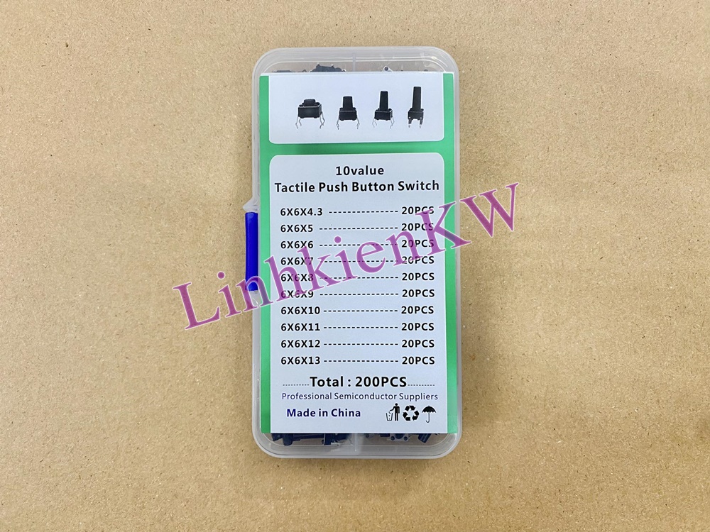 Combo nút vuông 4 chân 10 loại thường dùng trong bo mạch. mỗi loại 20 cái mới 100%