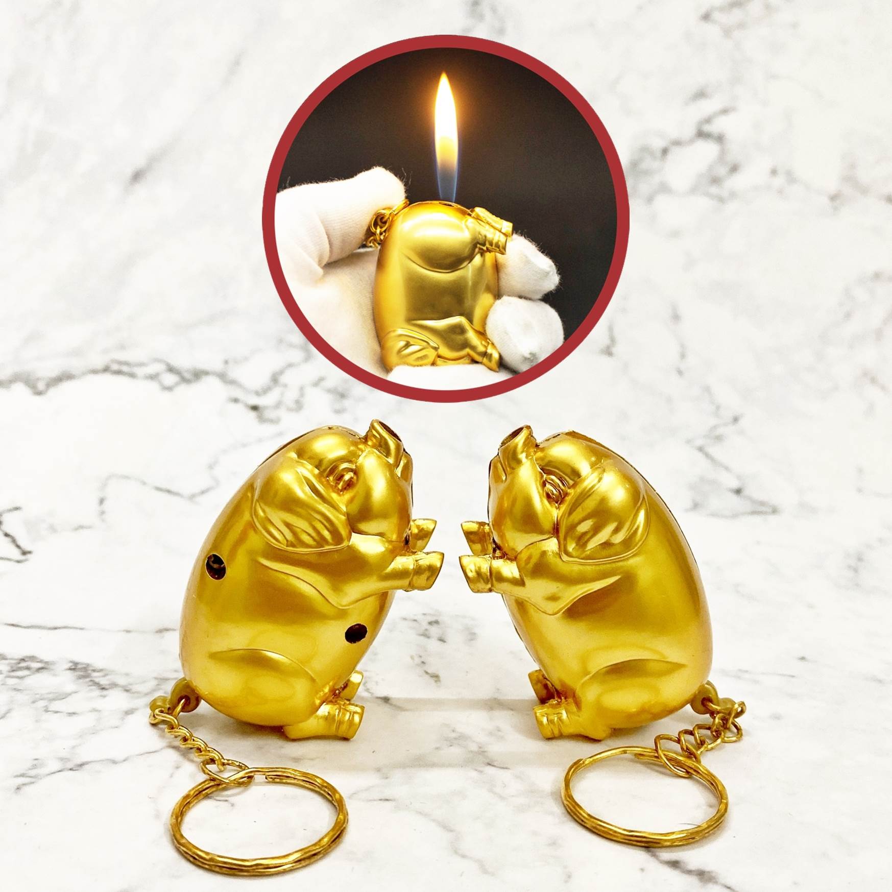 Hột quẹt bật lửa móc khóa hình con heo vàng -