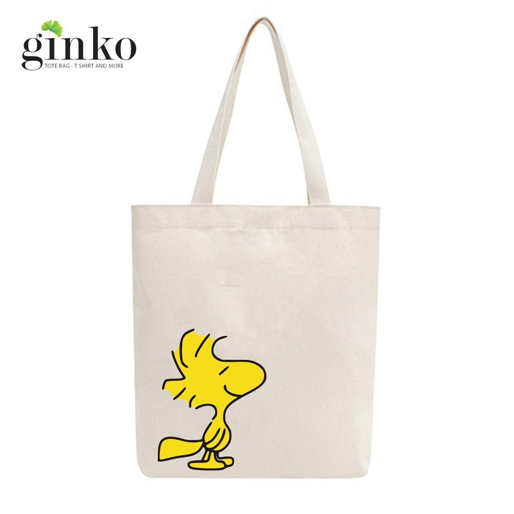 Túi Tote Vải Mộc Ginko kiểu basic có dây kéo khóa miệng túi đựng vừa laptop 14 inch và nhiều đồ dùng khác In Hình Woodstock Snoopy M21