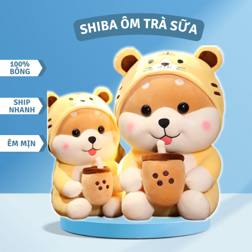 Gấu bông shiba cosplay hổ ôm trà sữa nhồi bông êm mịn dễ thương