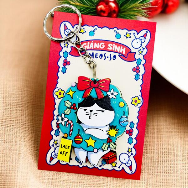 Móc Khóa Gỗ - Mèo Vòng Hoa Noel - Meosso