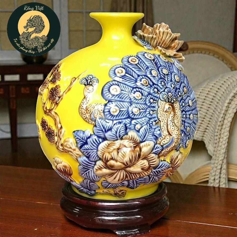 Bình Hút Lộc Đắp Nổi công đào RỒNG VIỆT - Bình Tài Lộc Hỷ Tước Gốm Sứ Bát Tràng Cao Cấp, 5 Màu Sắc. - Công đào Đỏ
