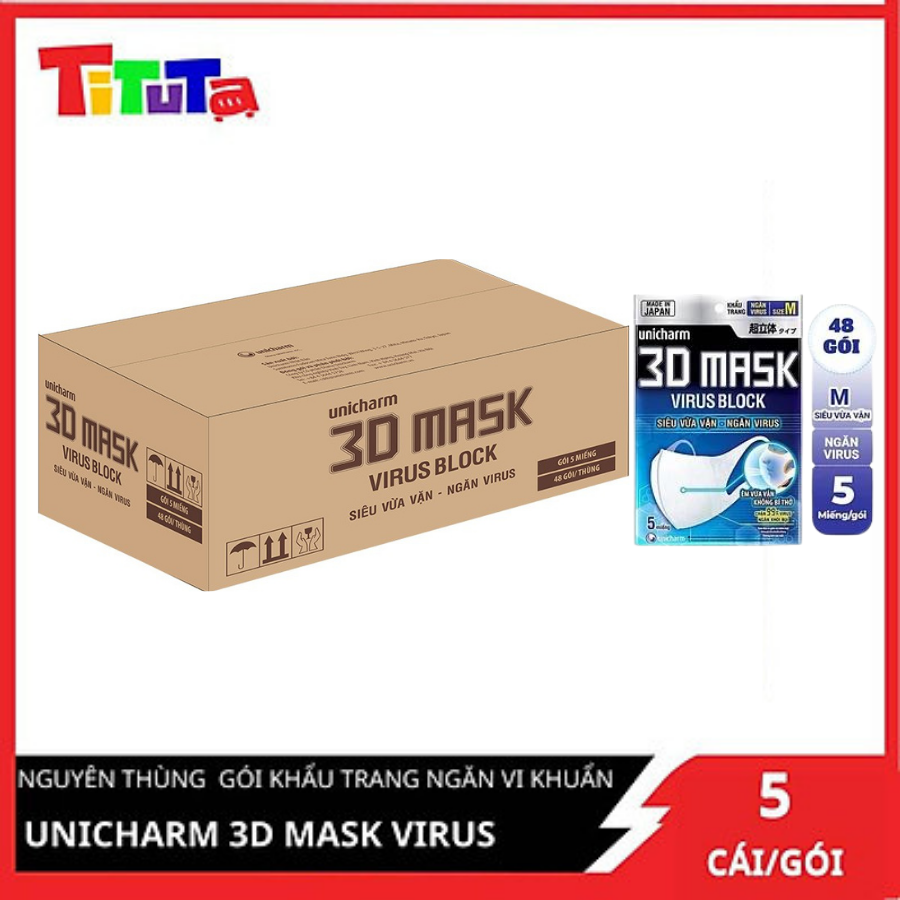 Thùng Khẩu Trang Unicharm 3D Mask Virus Block Ngăn Virus (48 Gói)