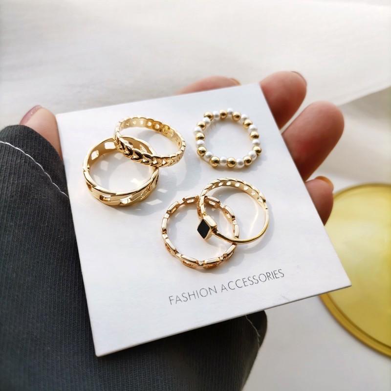 Set Nhẫn Nữ 5 Chiếc Mạ Bạc 925 Cá Tính Sang Trọng Thiết Kế Mới