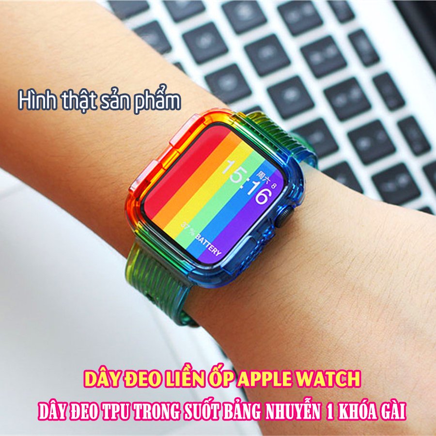 Dây Đeo liền ốp cho Apple Watch size 38/40/42/44mm TPU trong suốt nhuyễn 1 khóa gài_Cầu Vồng (tặng dán KCL theo size)