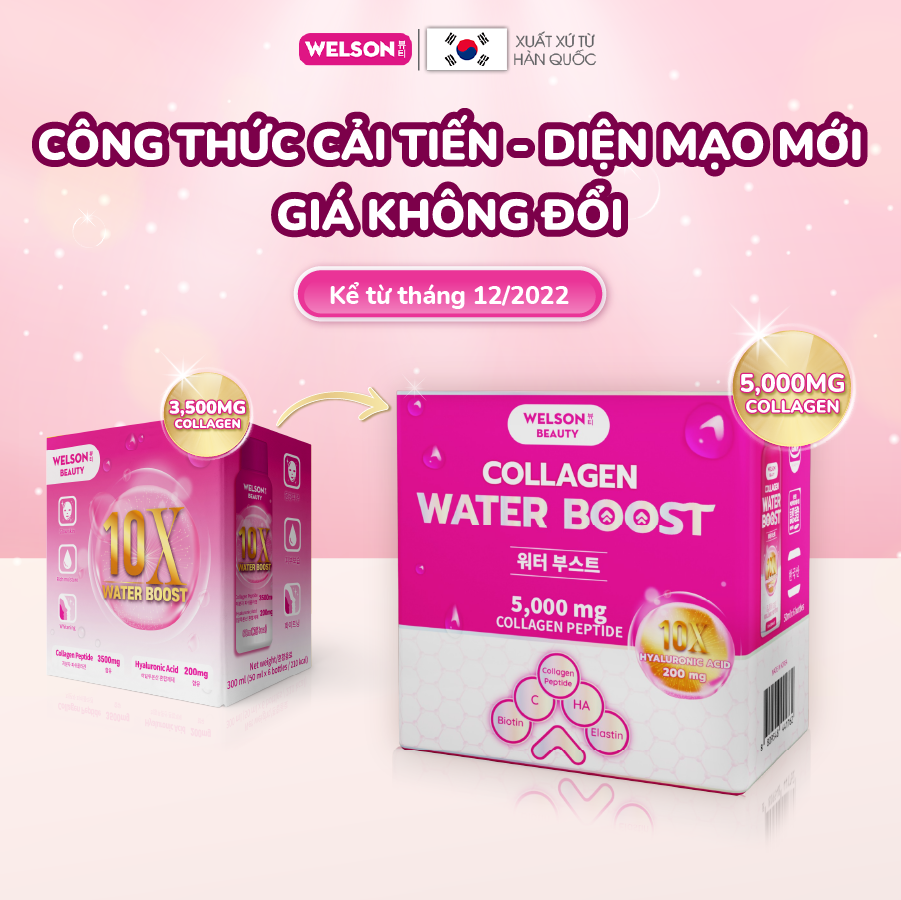 Combo 2 hộp Collagen uống HA cấp ẩm sáng da Welson Beauty Water Boost 2 hộp x 6 chai x 50ml