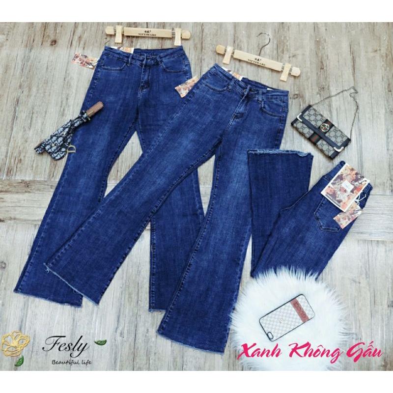 Quần Jean Nữ Ống Loe Thêu Cạp Lưng Cao