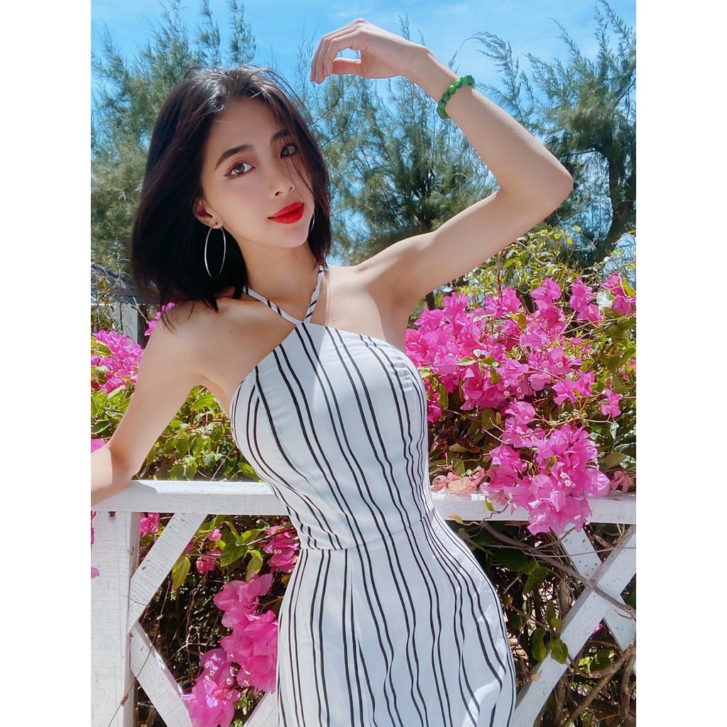 Đầm váy đi biển Maxi Cổ Yếm Sọc Đan Lưng