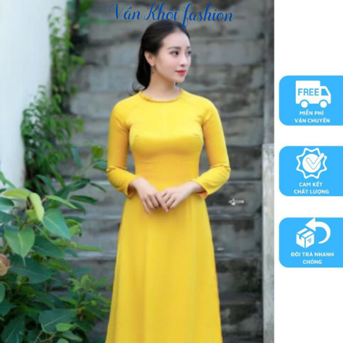 Áo dài truyền thống áo dài cổ tròn đính nút cổ dễ thương màu vàng tươi_Minchu