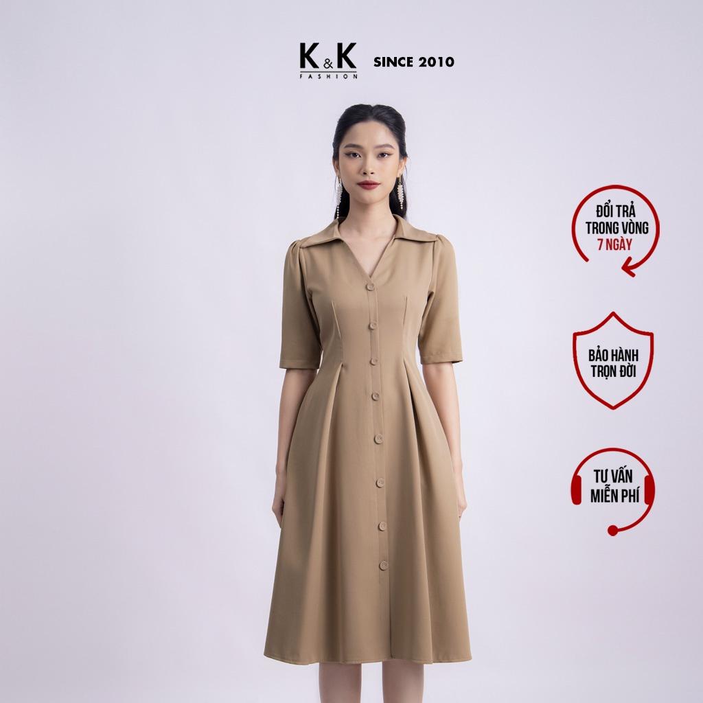 Đầm Xòe Công Sở Tay Lỡ Cổ Sơ Mi K&amp;K Fashion KK119-15 Chất Liệu Kalan