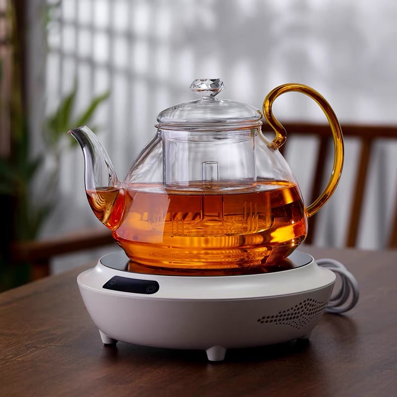 Ấm pha trà thuỷ tinh 1100ml quai vàng cao cấp