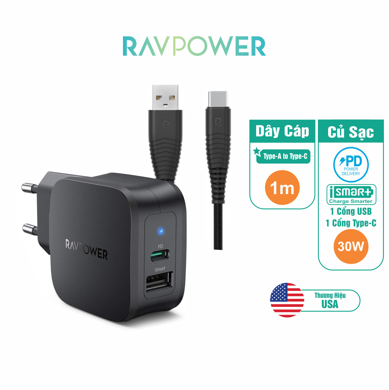 Combo RAVPower Củ Sạc Điện Thoại 2 Cổng 30W RP-PC132 + Dây Cáp Sạc Type-A To C RP-CB046 - Hàng Chính Hãng