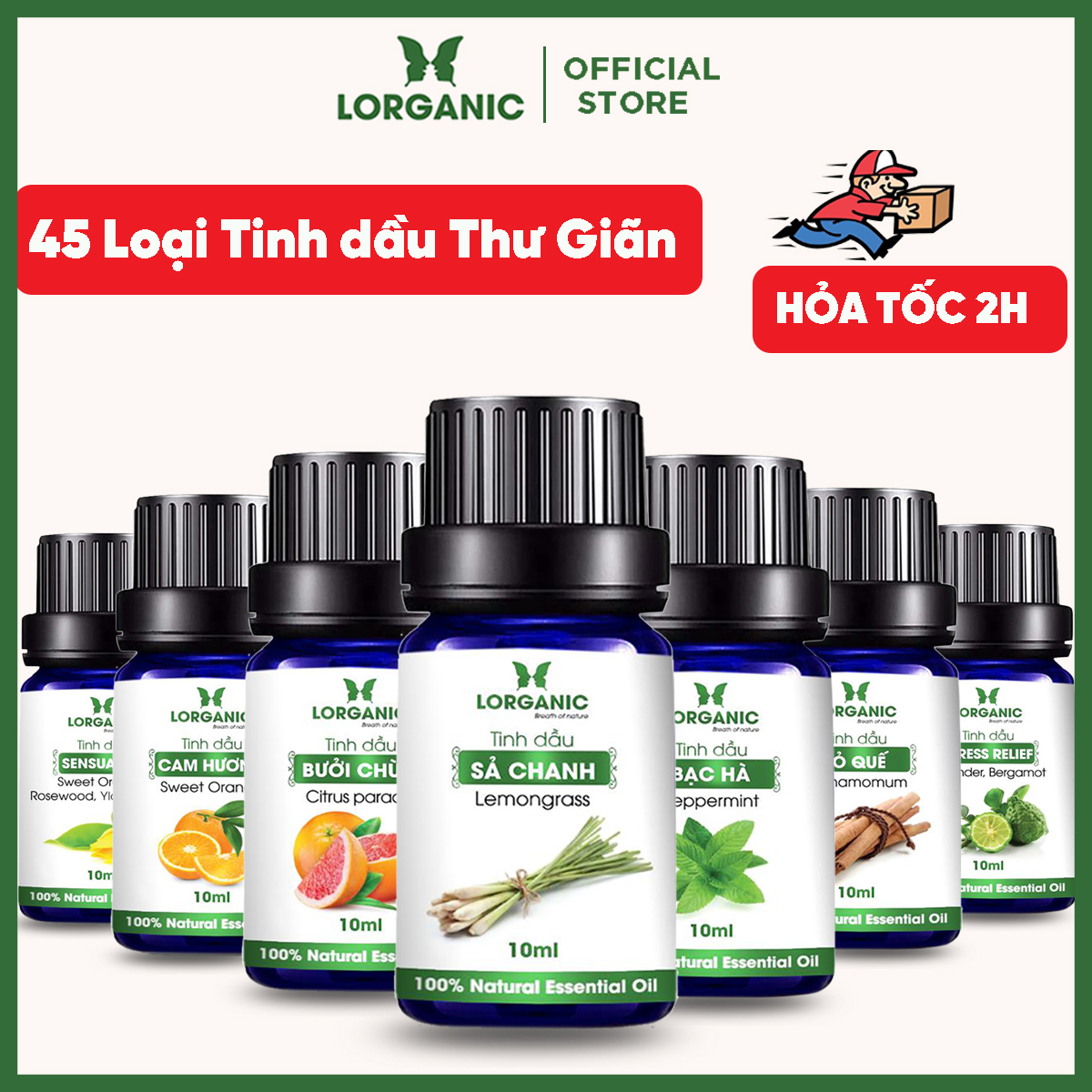 Tinh Dầu Xông Phòng Thư Giãn, Đuổi Muỗi 10ml LORGANIC Sả Chanh, Quế, Bạc Hà, Oải Hương Lavender, Tràm, Ngọc Lan Tây, Hương Thảo, Stress Relief, Sensual, Cam, Vỏ Bưởi, Bạch Đàn Chanh, Bưởi Chùm, Hoắc Hương, Long Não, Pơ Mu, Thông Đen