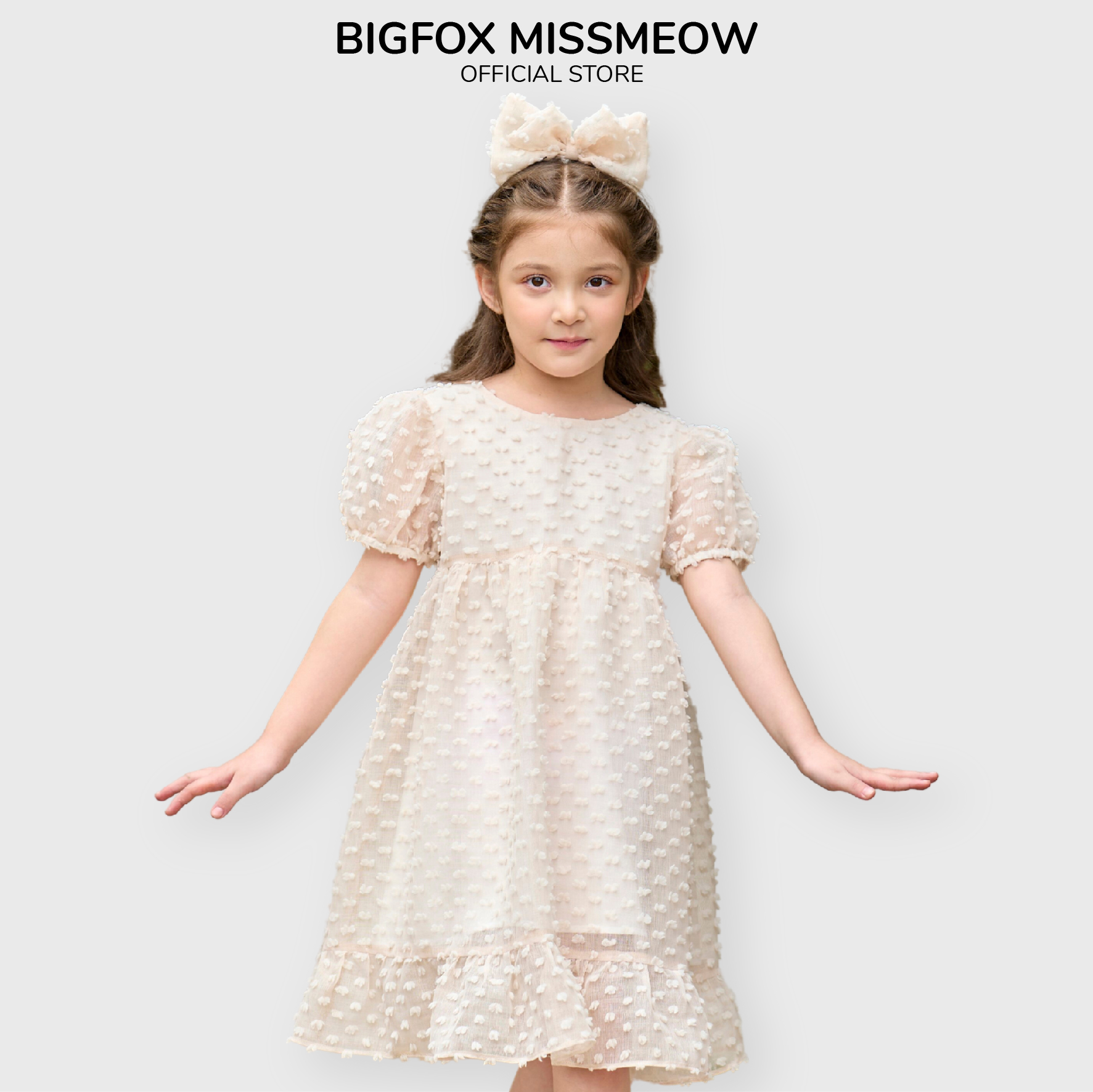 Váy công chúa ngắn tay cho bé gái Bigfox Miss Meow size đại mặc hè dáng babydoll tay phồng vải xô cỡ trẻ em 3-11 tuổi