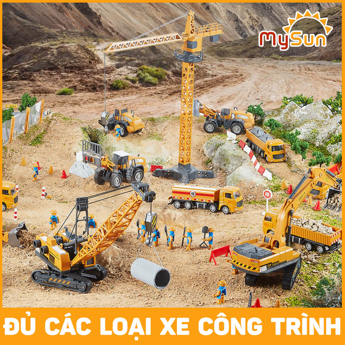 Xe tải, ô tô máy ủi, xúc múc đất, trộn bê tông, cần cẩu nâng, xe ủi đồ chơi công trình bằng kim loại cho trẻ em bé