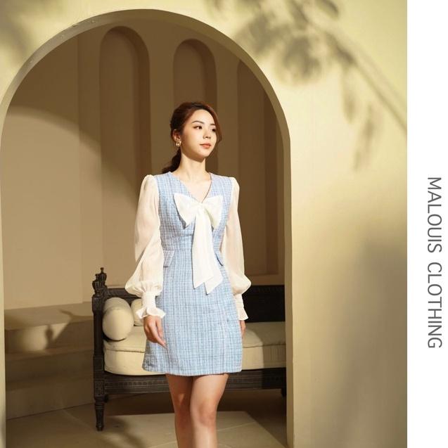 Váy dạ tweed phối voan tay dài bo chun, nơ trước ngực - M116