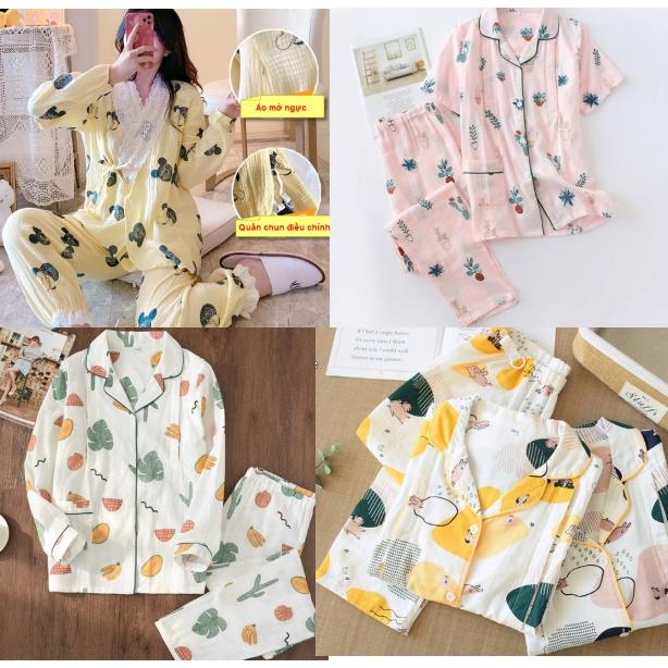 Bộ đồ bầu sau sinh và cho con bú ti XÔ NHẬT thô đũi Đẹp, mát -, Pijama mặc nhà dài tay cho mẹ Bigsize