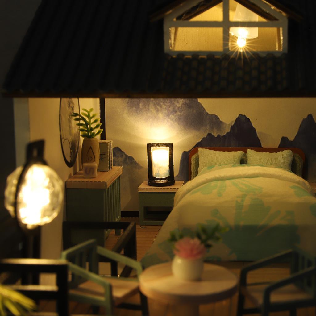 Wooden Dollhouse with Lights and Furniture Accessories, DIY Romantic Creative Villa House Room Set Gift for Ages 3+